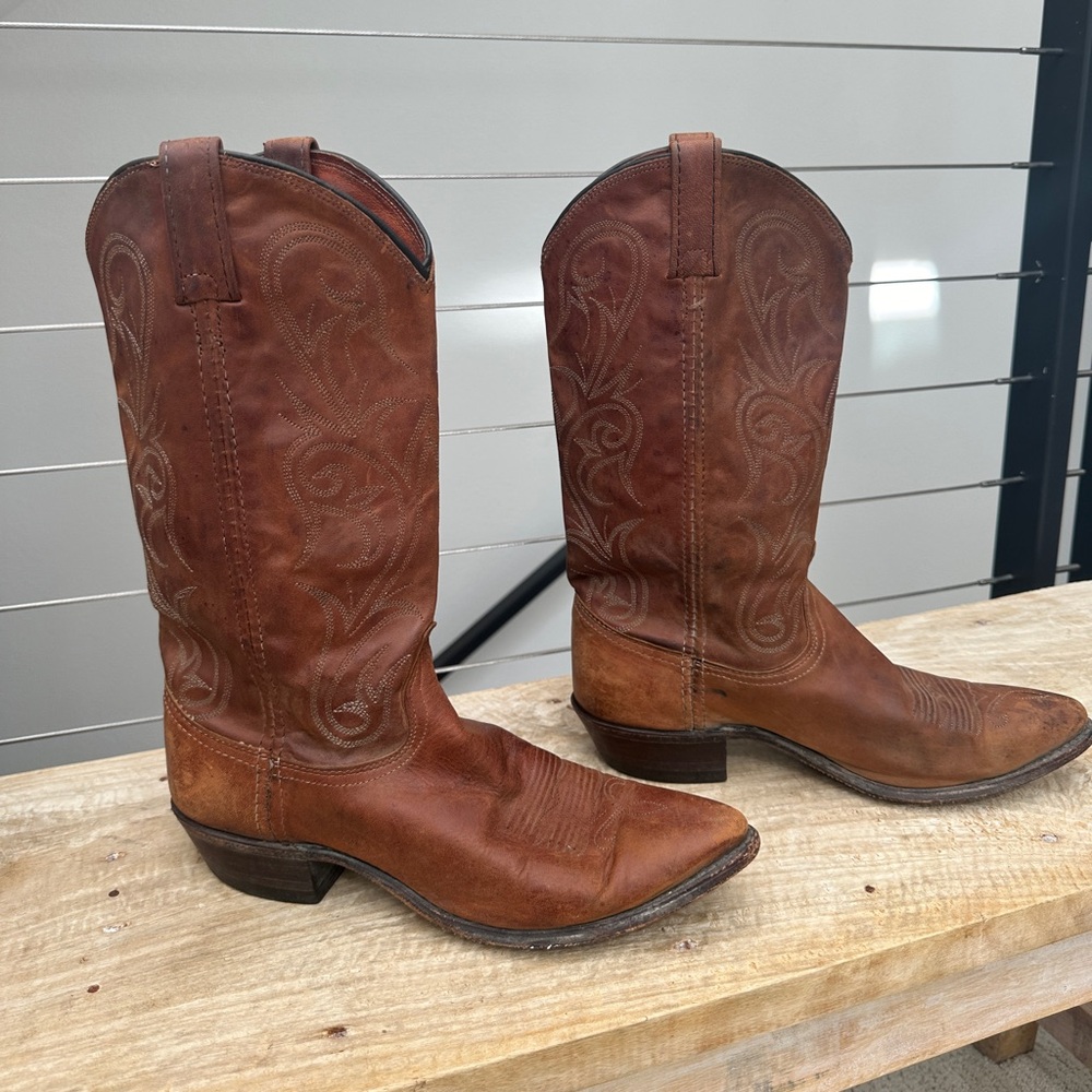 Dan Post Vintage Brown Leather Western Cowboy Boots Embroidered | Size 9.5 - Picture 1 of 9